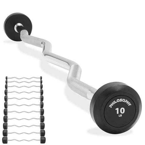 Rubber Fixed Barbell - Pre-Loaded Weight EZ Curl Bar for Weightlifting